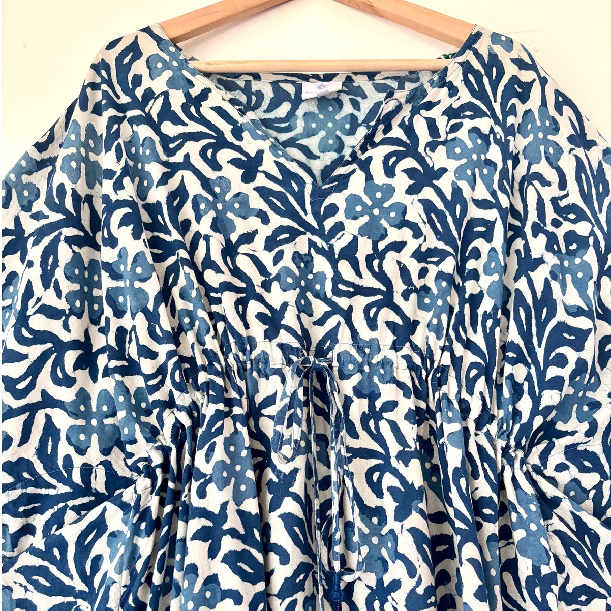 $285 Pax Philomena Indigo Floral Block Printed 100% Cotton Kaftan Boho- One Size — image 6 of 7